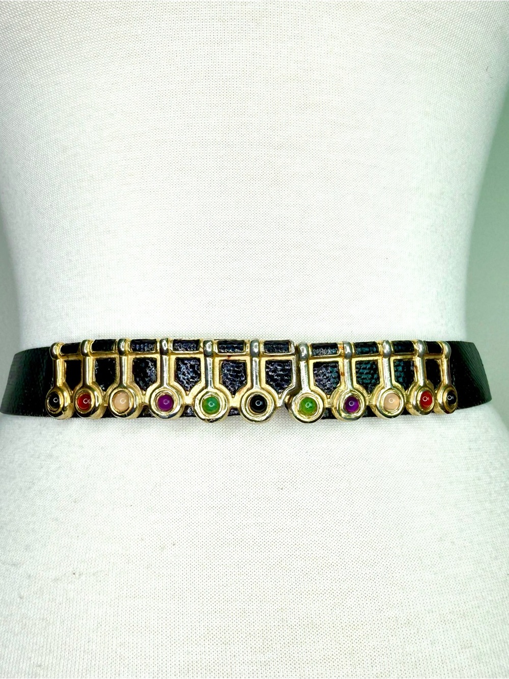 Judith Leiber Belt Cabachon Black Karung Skin Leather Gold Multicolor Cabochons